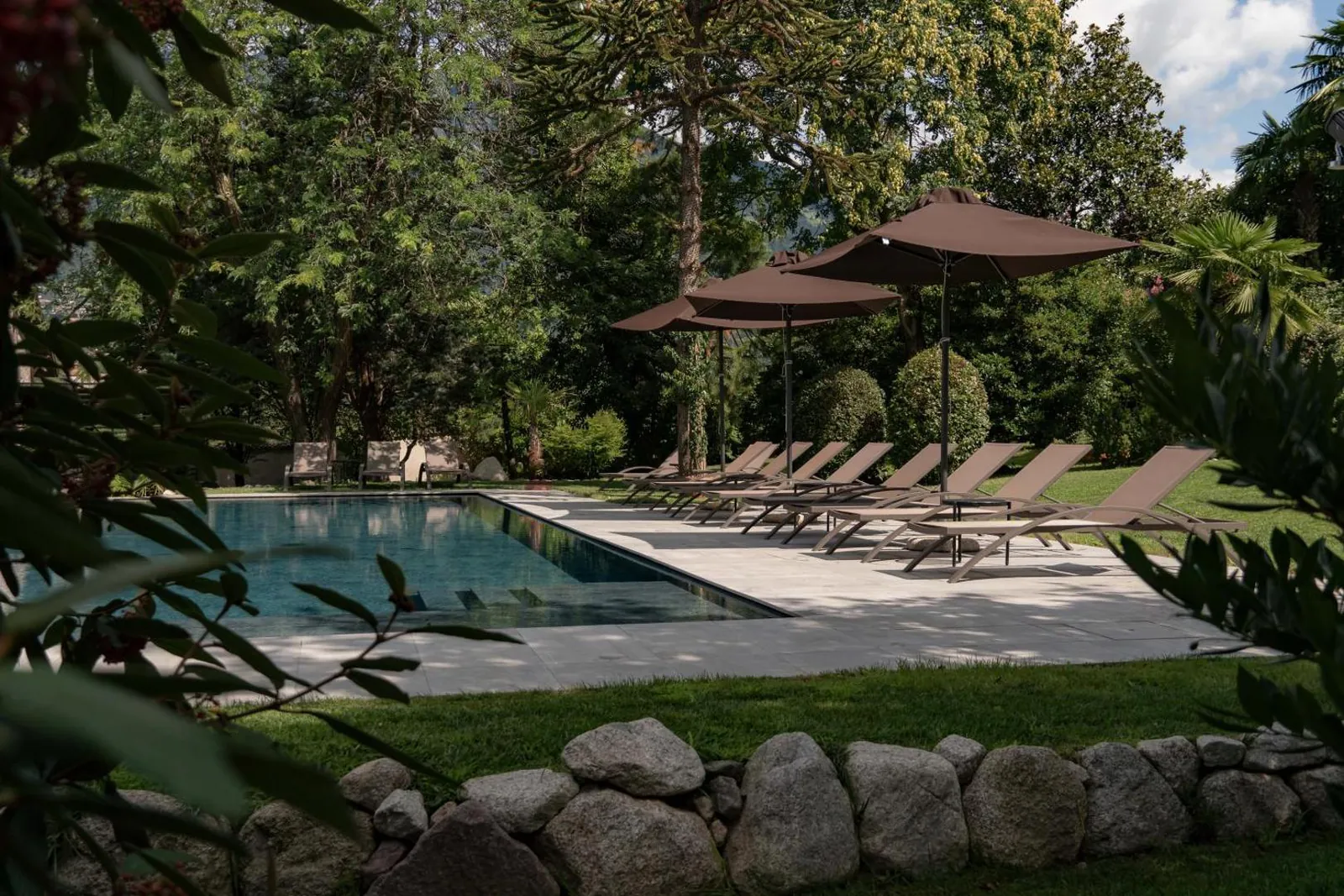 Outdoor pool edged with stone and loungers under tall garden trees