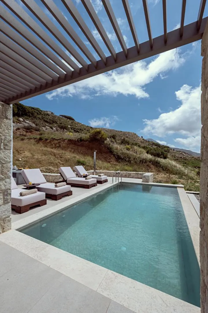 Private pool beside the terrace, with the valley and the sea in the distance
