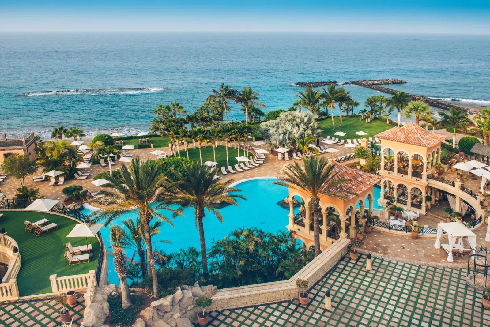 JOIA El Mirador from above: the pool, the gardens and the sea at Playa del Duque