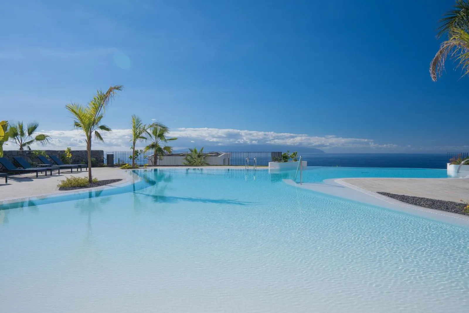 Infinity-edge pool meeting the Atlantic with palms along the far side at Los Jardines de Abama