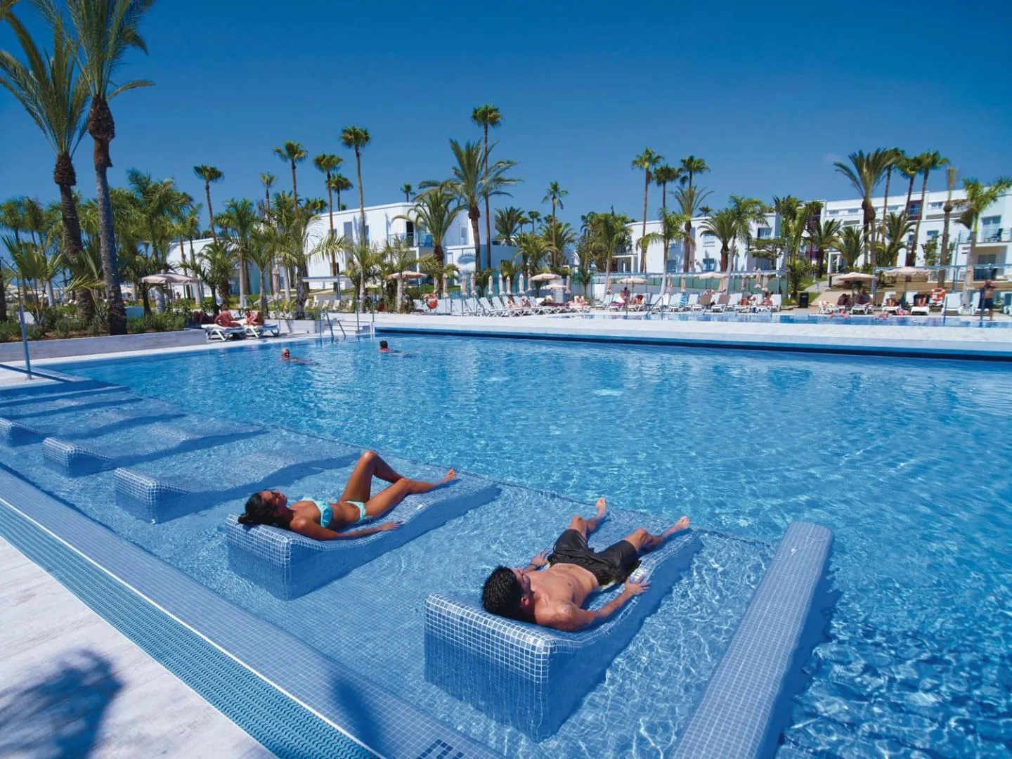 Guests on submerged loungers in a large outdoor pool lined with palm trees
