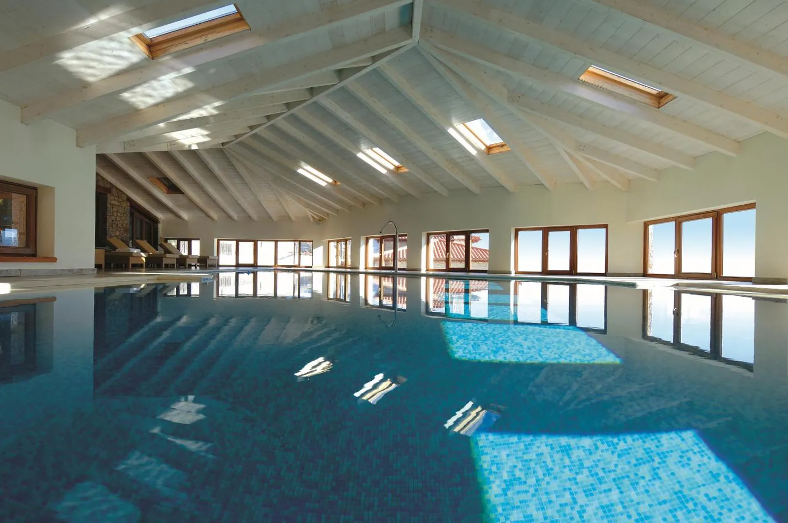 Indoor pool beneath a pitched white roof with skylights