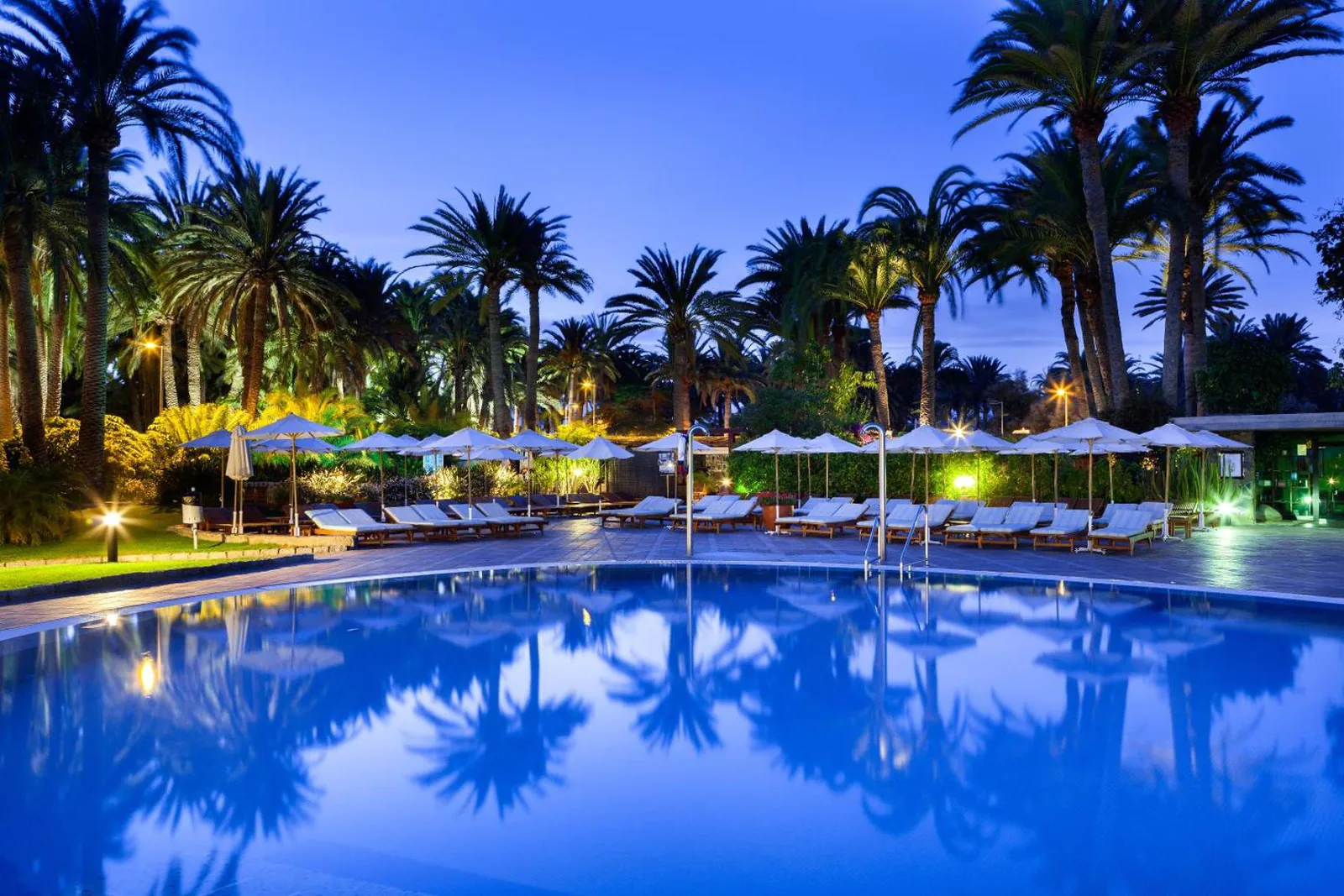 The main pool at Seaside Palm Beach at dusk, ringed by palms and loungers
