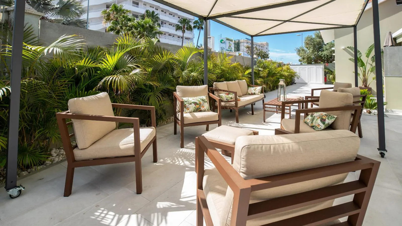 Shaded lounge corner with cushioned armchairs among palms